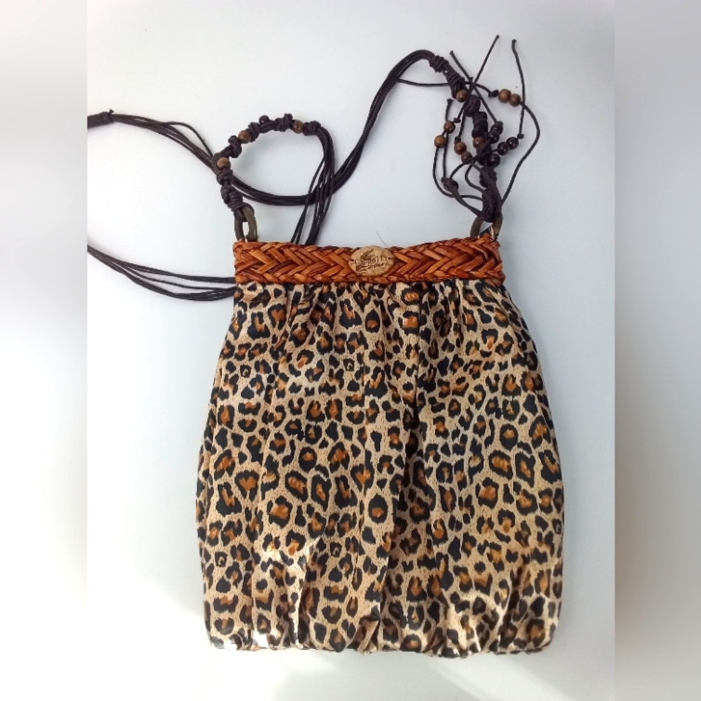 Cappelli Straworld Leopard Print Mixed Media Crossbody Bag with Beaded Strap